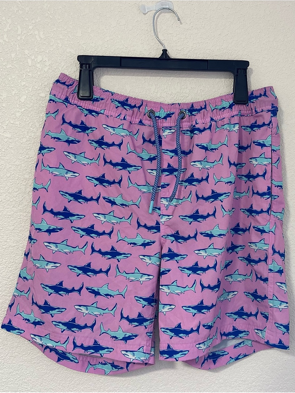 Shark Print Swim Trunks in Lavender and Aqua